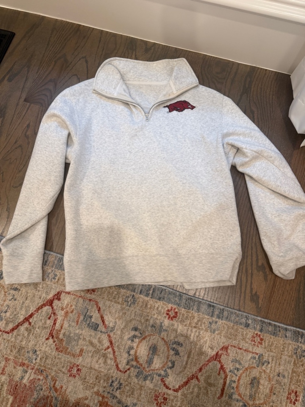 Light Gray Quarter-Zip Pullover with University of Arkansas Razorback Patch